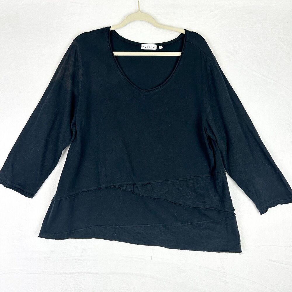 Habitat Cotton V-Neck Top Size Large 3/4 Sleeve Artsy Lagenlook Minimalist